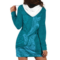 Hawaiian Monk Seal and Whale Hoodie Dress Kakau Tribal Pattern Teal Color