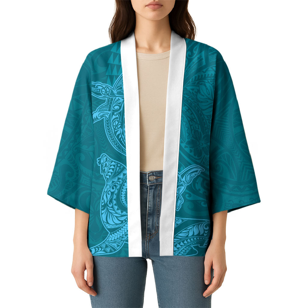 Hawaiian Monk Seal and Whale Kimono Kakau Tribal Pattern Teal Color