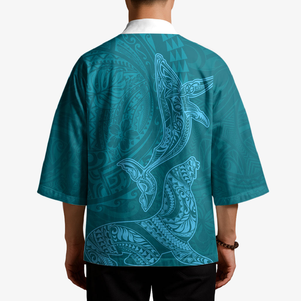 Hawaiian Monk Seal and Whale Kimono Kakau Tribal Pattern Teal Color