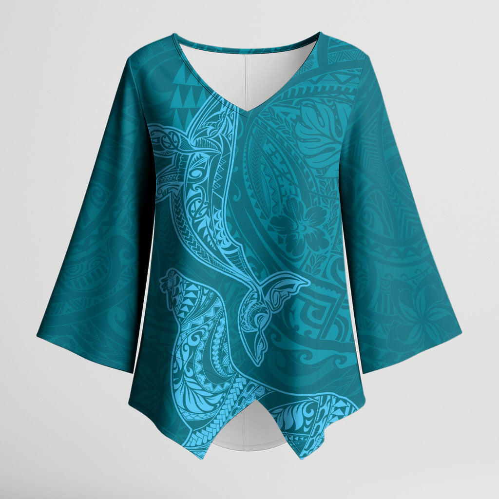 Hawaiian Monk Seal and Whale Kimono Sleeve Blouse Kakau Tribal Pattern Teal Color