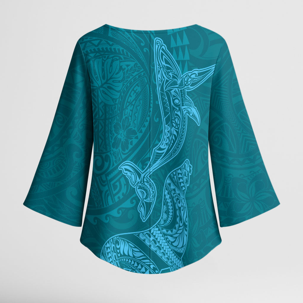 Hawaiian Monk Seal and Whale Kimono Sleeve Blouse Kakau Tribal Pattern Teal Color