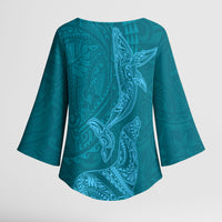 Hawaiian Monk Seal and Whale Kimono Sleeve Blouse Kakau Tribal Pattern Teal Color