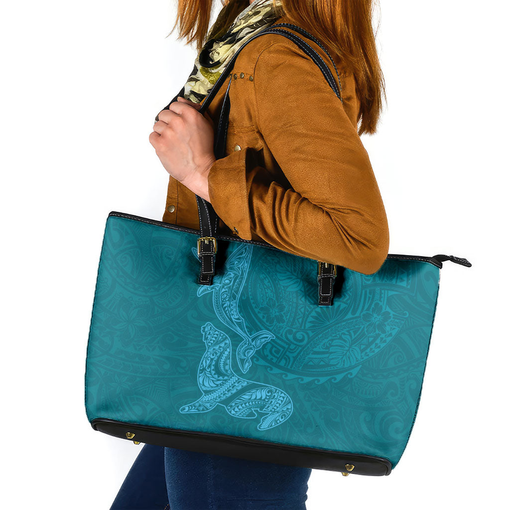 Hawaiian Monk Seal and Whale Leather Tote Bag Kakau Tribal Pattern Teal Color