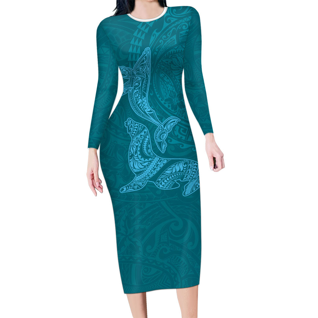 Hawaiian Monk Seal and Whale Long Sleeve Bodycon Dress Kakau Tribal Pattern Teal Color