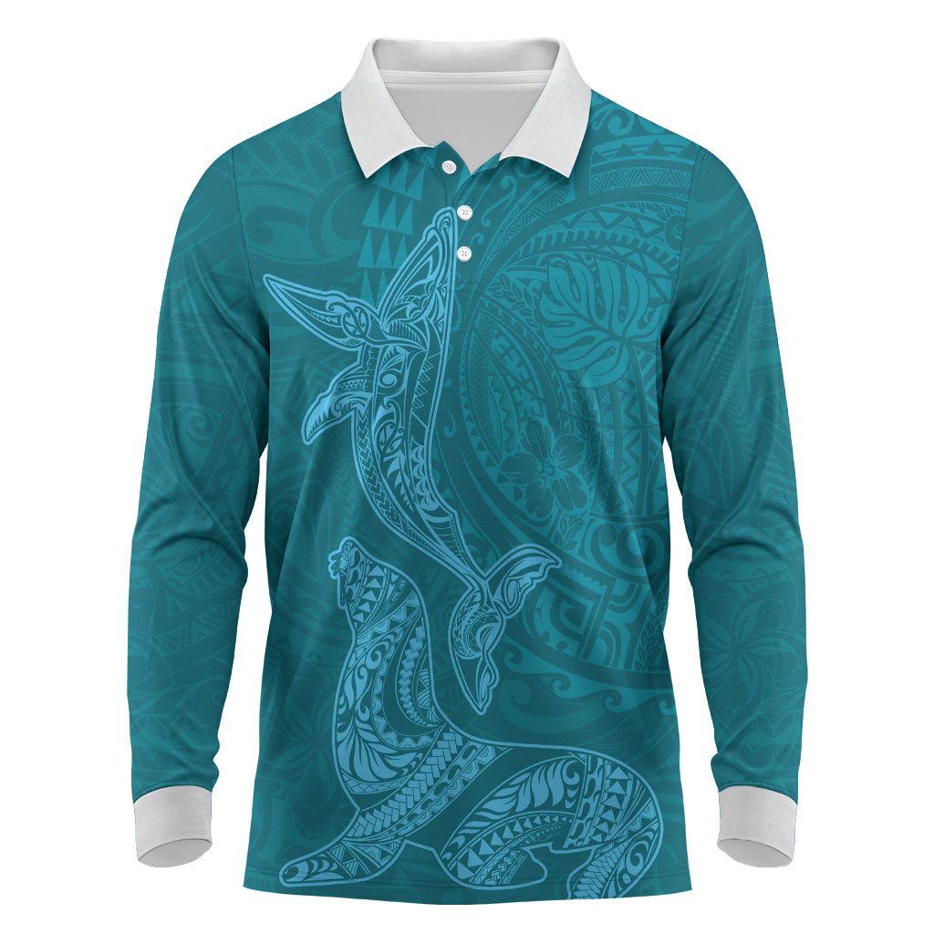 Hawaiian Monk Seal and Whale Long Sleeve Polo Shirt Kakau Tribal Pattern Teal Color