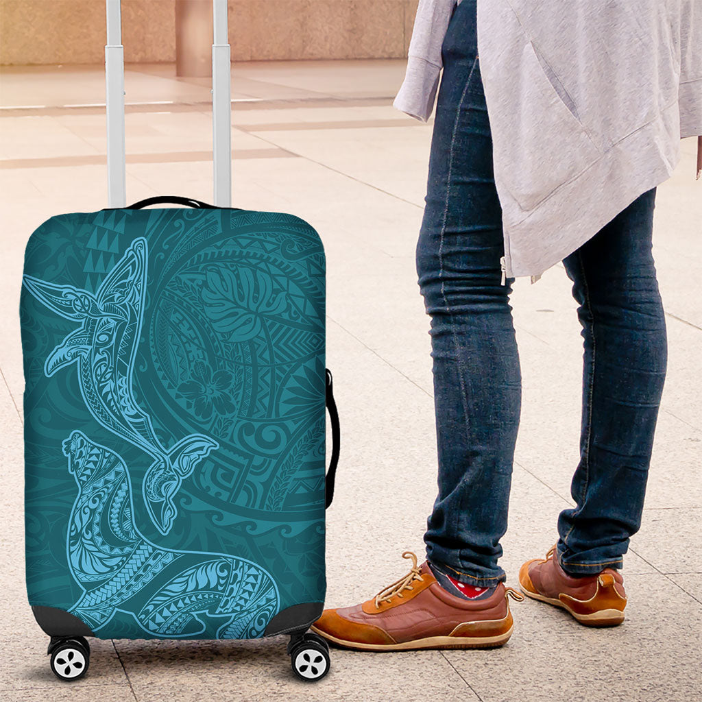 Hawaiian Monk Seal and Whale Luggage Cover Kakau Tribal Pattern Teal Color