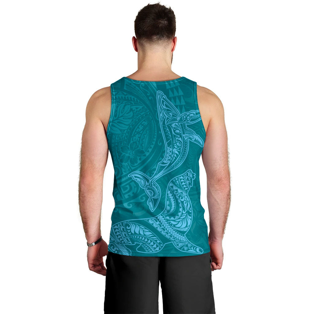 Hawaiian Monk Seal and Whale Men Tank Top Kakau Tribal Pattern Teal Color