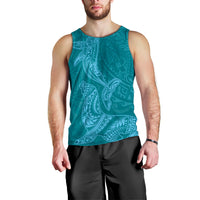 Hawaiian Monk Seal and Whale Men Tank Top Kakau Tribal Pattern Teal Color