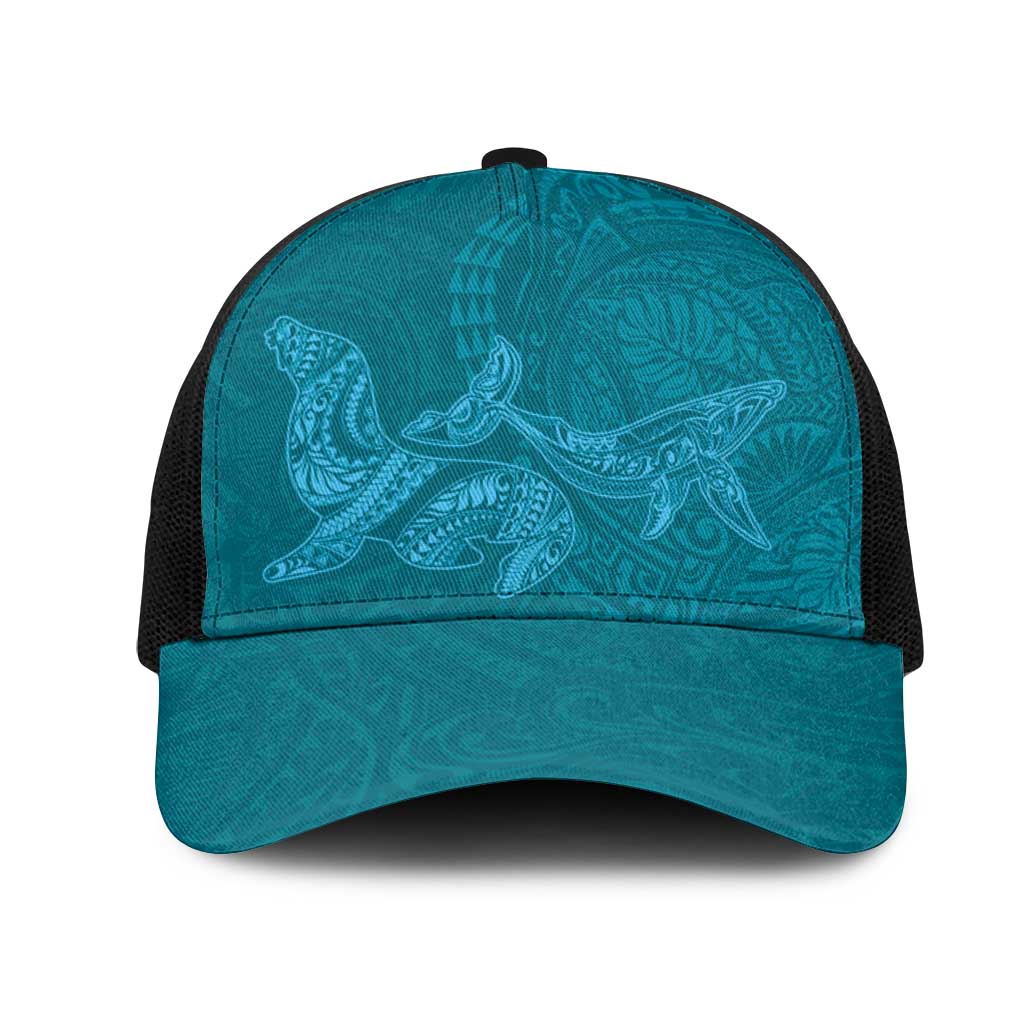 Hawaiian Monk Seal and Whale Mesh Trucker Cap Kakau Tribal Pattern Teal Color
