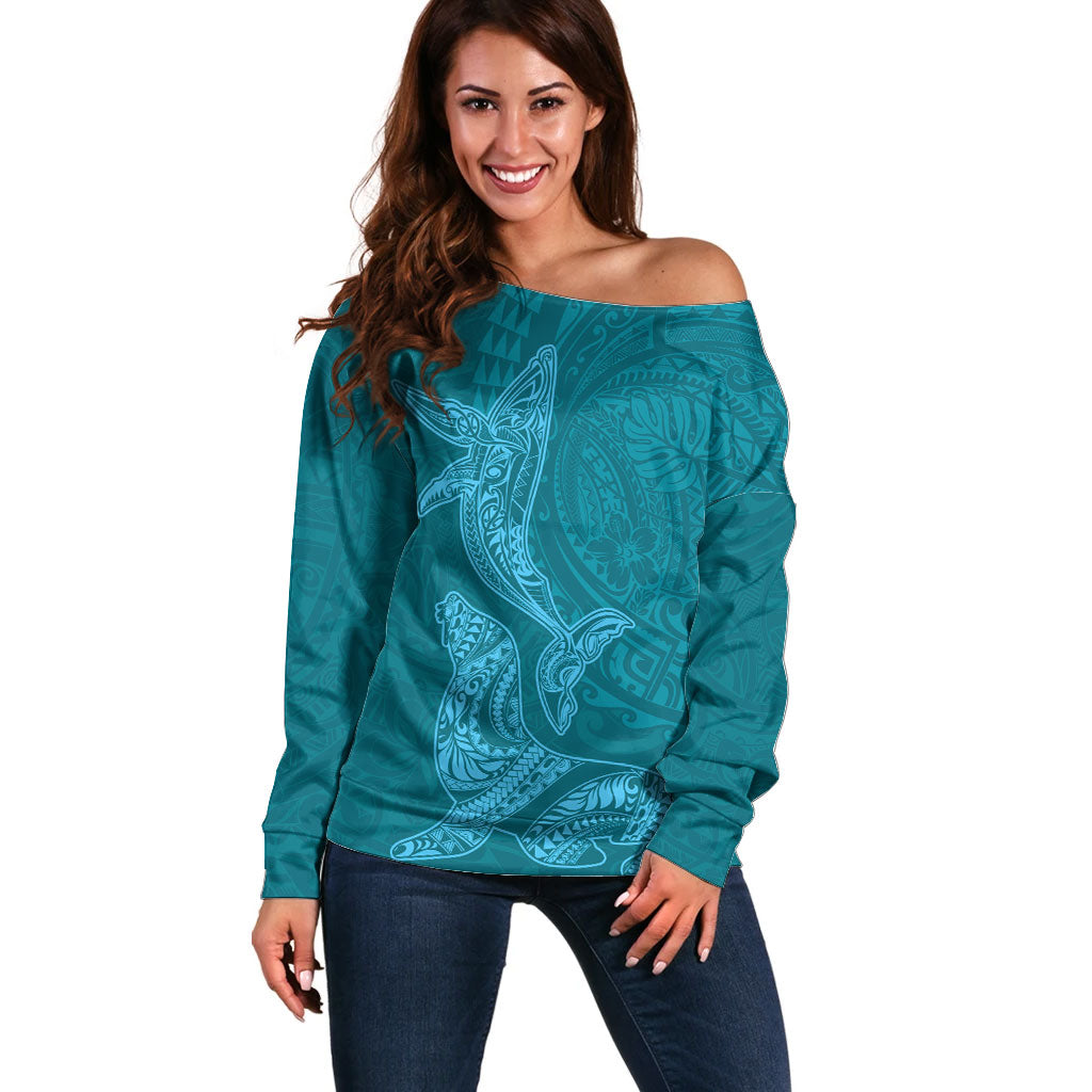 Hawaiian Monk Seal and Whale Off Shoulder Sweater Kakau Tribal Pattern Teal Color