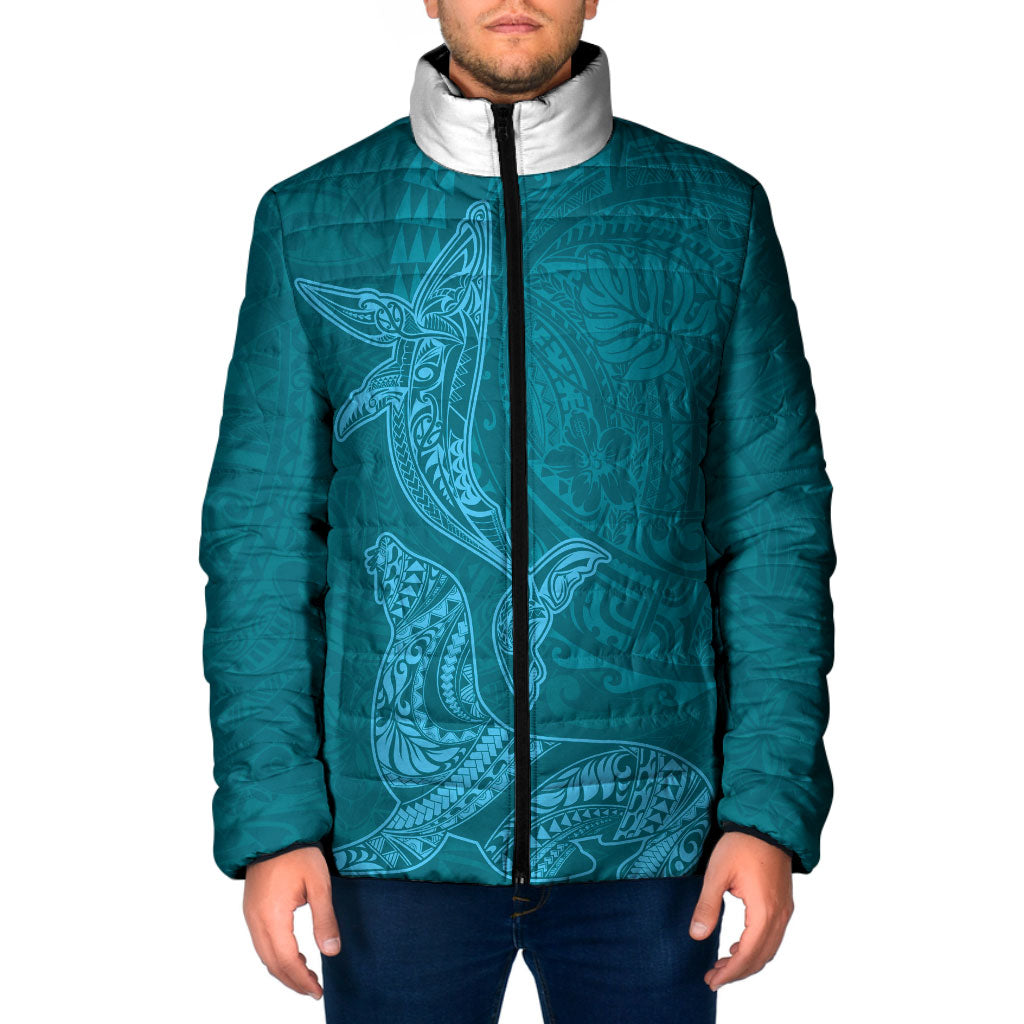 Hawaiian Monk Seal and Whale Padded Jacket Kakau Tribal Pattern Teal Color