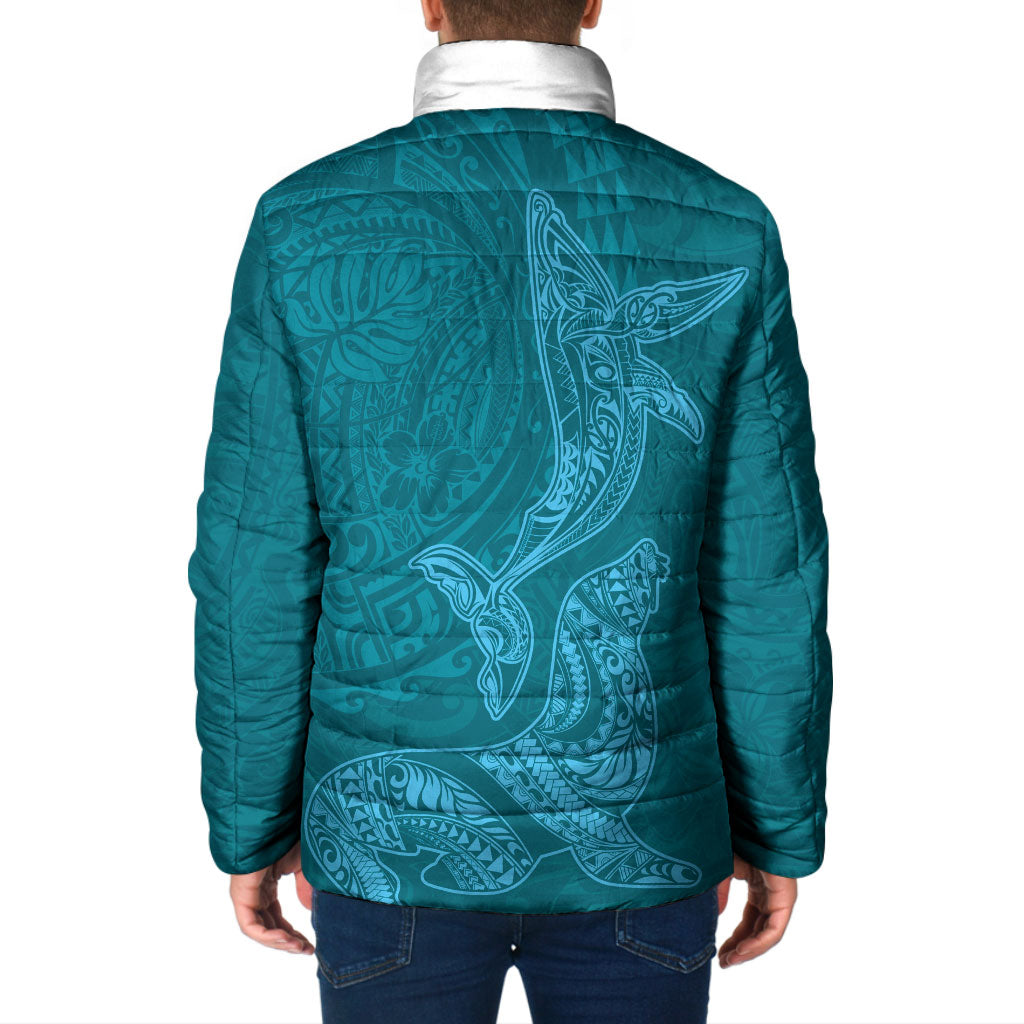 Hawaiian Monk Seal and Whale Padded Jacket Kakau Tribal Pattern Teal Color