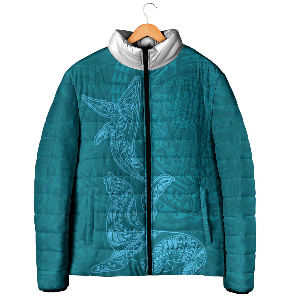 Hawaiian Monk Seal and Whale Padded Jacket Kakau Tribal Pattern Teal Color
