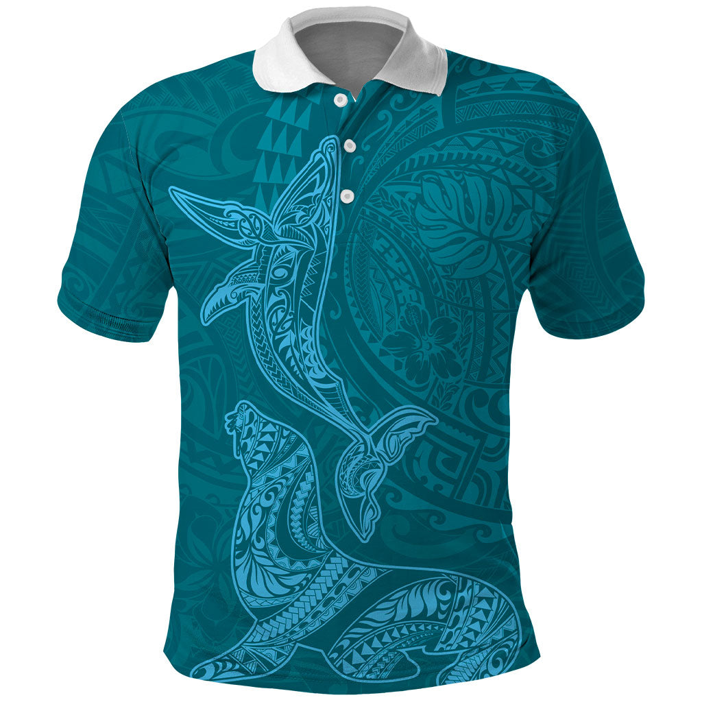 Hawaiian Monk Seal and Whale Polo Shirt Kakau Tribal Pattern Teal Color