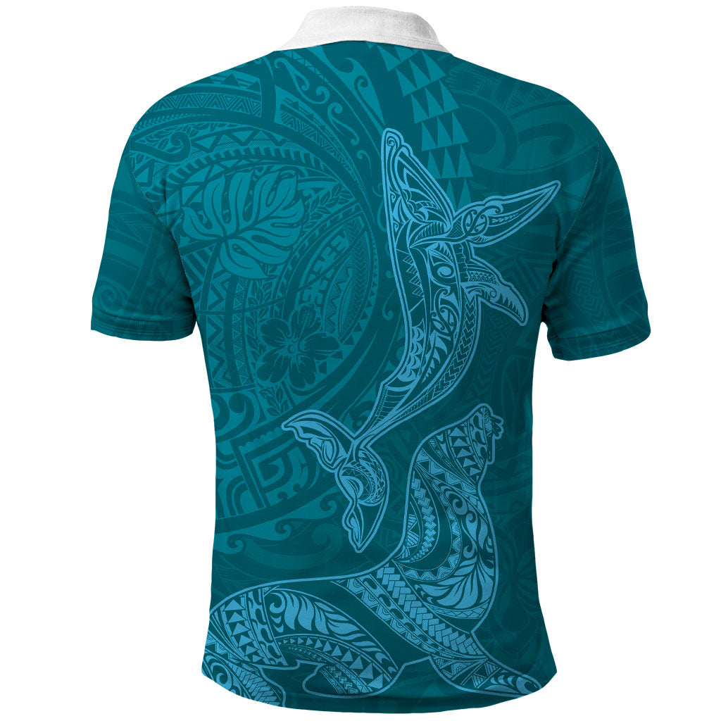 Hawaiian Monk Seal and Whale Polo Shirt Kakau Tribal Pattern Teal Color