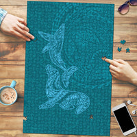 Hawaiian Monk Seal and Whale Puzzle Kakau Tribal Pattern Teal Color