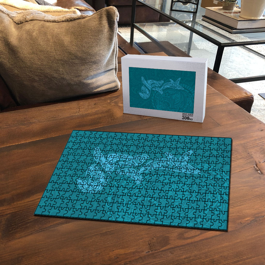 Hawaiian Monk Seal and Whale Puzzle Kakau Tribal Pattern Teal Color