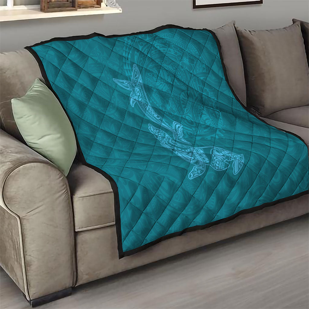 Hawaiian Monk Seal and Whale Quilt Kakau Tribal Pattern Teal Color
