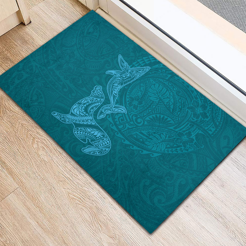 Hawaiian Monk Seal and Whale Rubber Doormat Kakau Tribal Pattern Teal Color