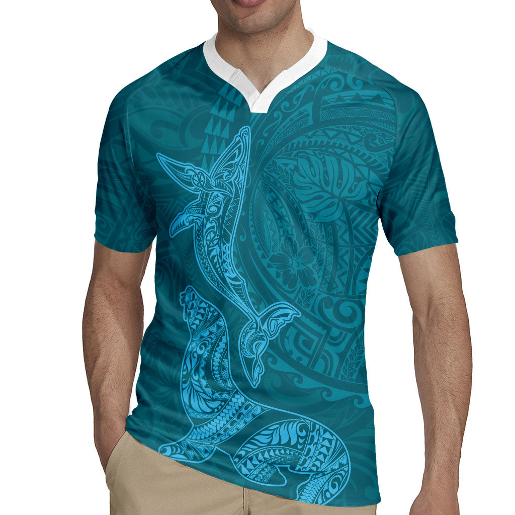 Hawaiian Monk Seal and Whale Rugby Jersey Kakau Tribal Pattern Teal Color