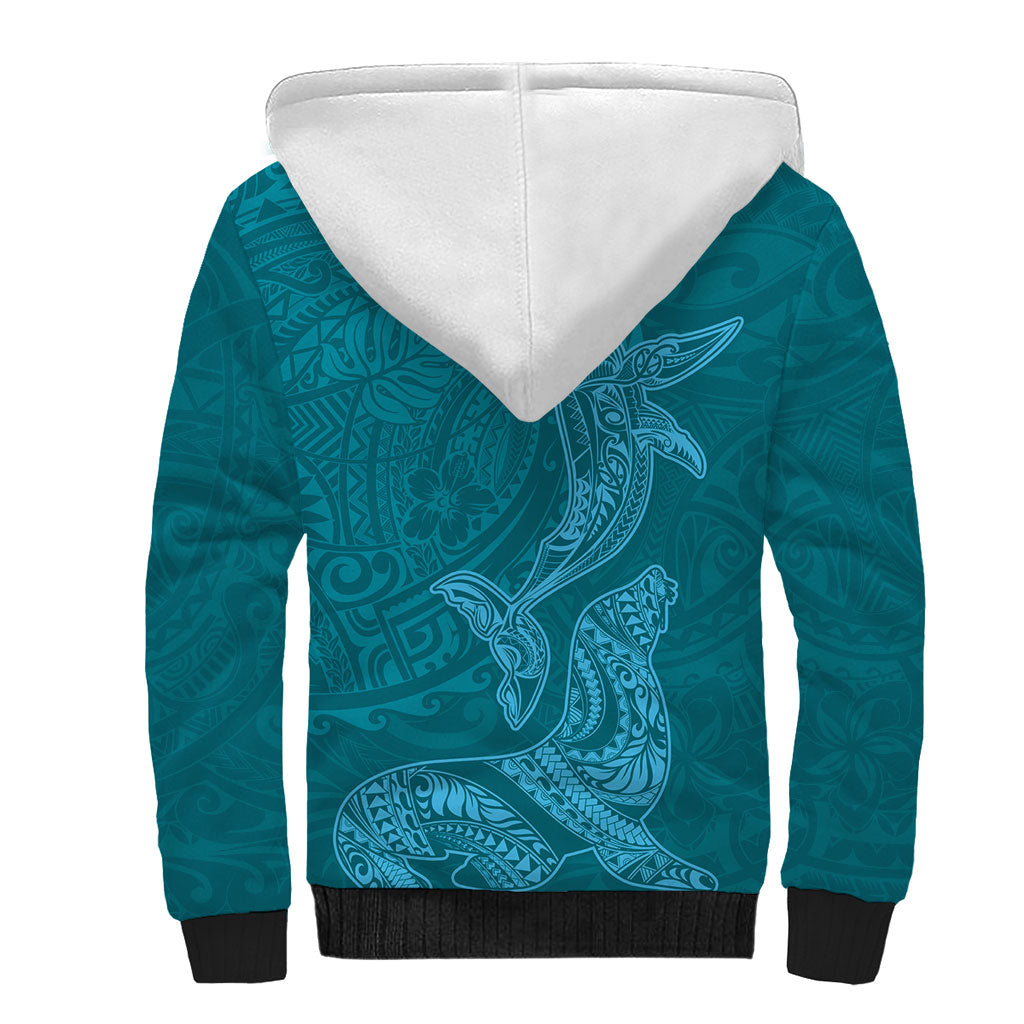 Hawaiian Monk Seal and Whale Sherpa Hoodie Kakau Tribal Pattern Teal Color