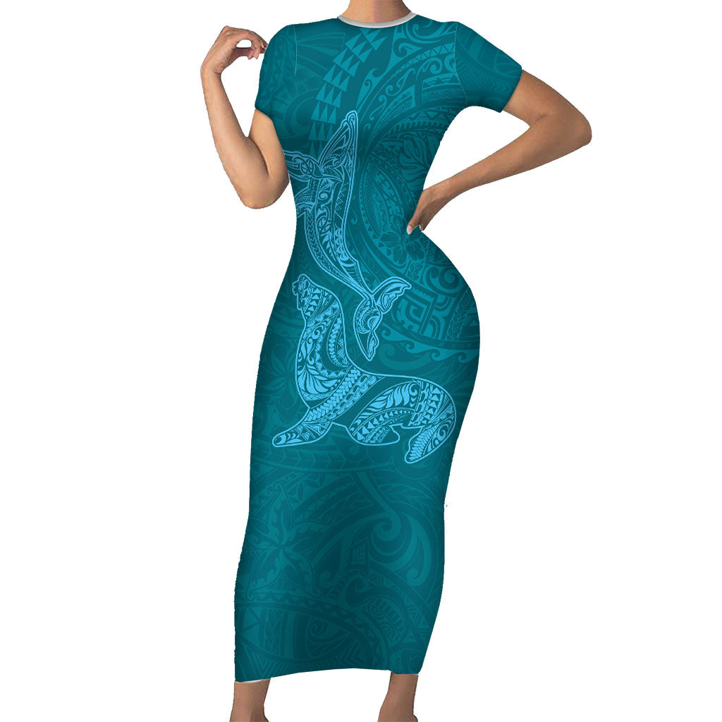 Hawaiian Monk Seal and Whale Short Sleeve Bodycon Dress Kakau Tribal Pattern Teal Color
