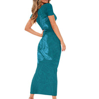 Hawaiian Monk Seal and Whale Short Sleeve Bodycon Dress Kakau Tribal Pattern Teal Color