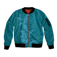 Hawaiian Monk Seal and Whale Sleeve Zip Bomber Jacket Kakau Tribal Pattern Teal Color