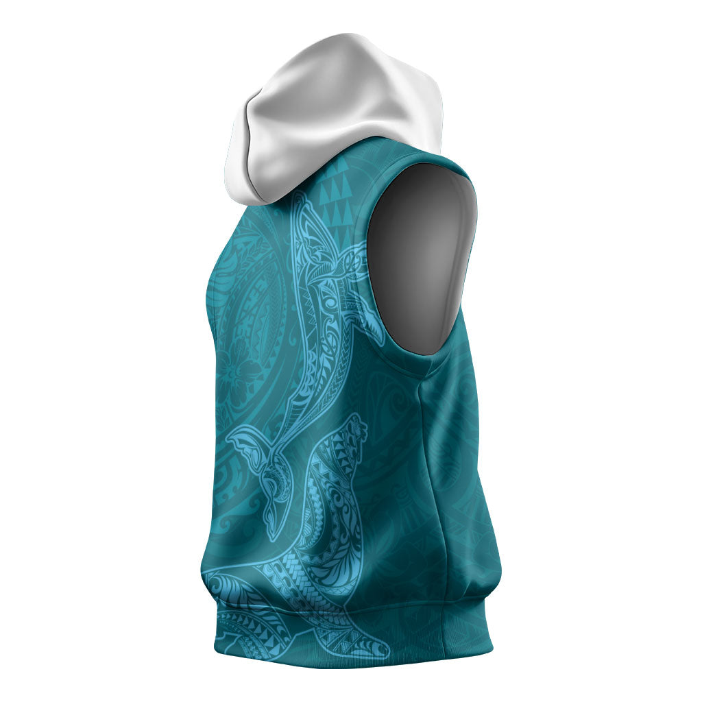 Hawaiian Monk Seal and Whale Sleeveless Hoodie Kakau Tribal Pattern Teal Color