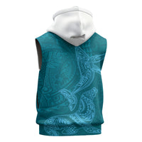 Hawaiian Monk Seal and Whale Sleeveless Zip Hoodie Kakau Tribal Pattern Teal Color