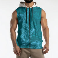 Hawaiian Monk Seal and Whale Sleeveless Zip Hoodie Kakau Tribal Pattern Teal Color