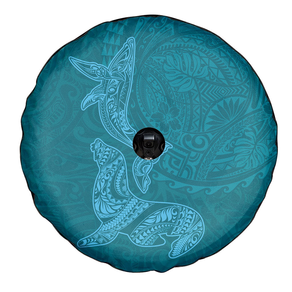 Hawaiian Monk Seal and Whale Spare Tire Cover Kakau Tribal Pattern Teal Color