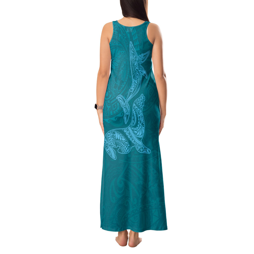 Hawaiian Monk Seal and Whale Tank Maxi Dress Kakau Tribal Pattern Teal Color