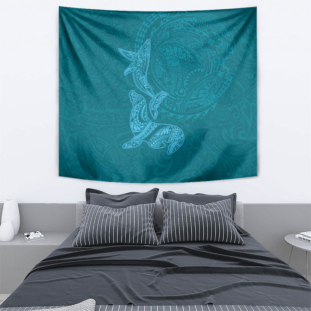 Hawaiian Monk Seal and Whale Tapestry Kakau Tribal Pattern Teal Color