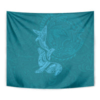 Hawaiian Monk Seal and Whale Tapestry Kakau Tribal Pattern Teal Color