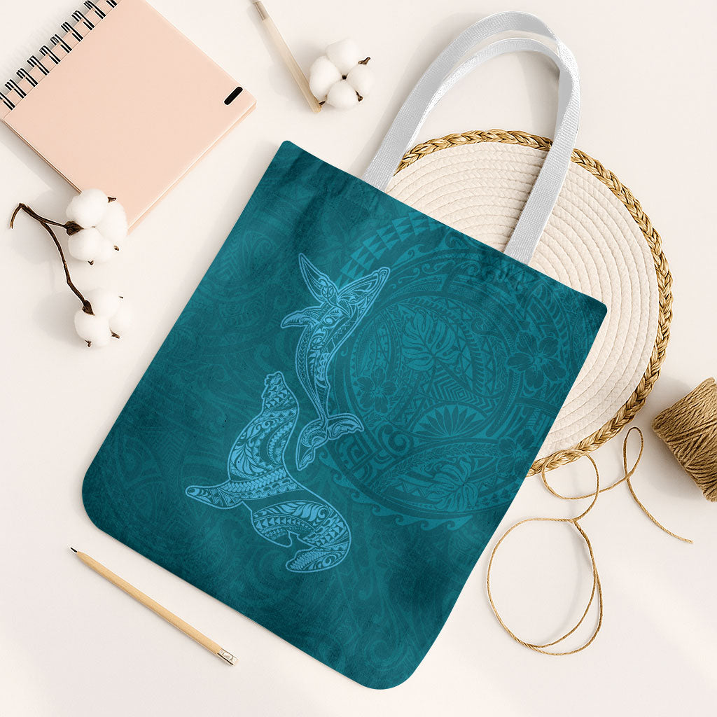 Hawaiian Monk Seal and Whale Tote Bag Kakau Tribal Pattern Teal Color