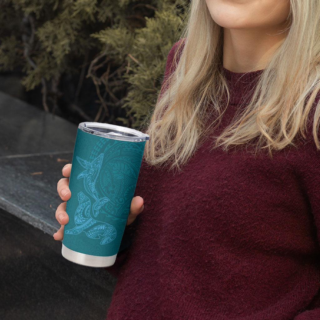 Hawaiian Monk Seal and Whale Tumbler Cup Kakau Tribal Pattern Teal Color
