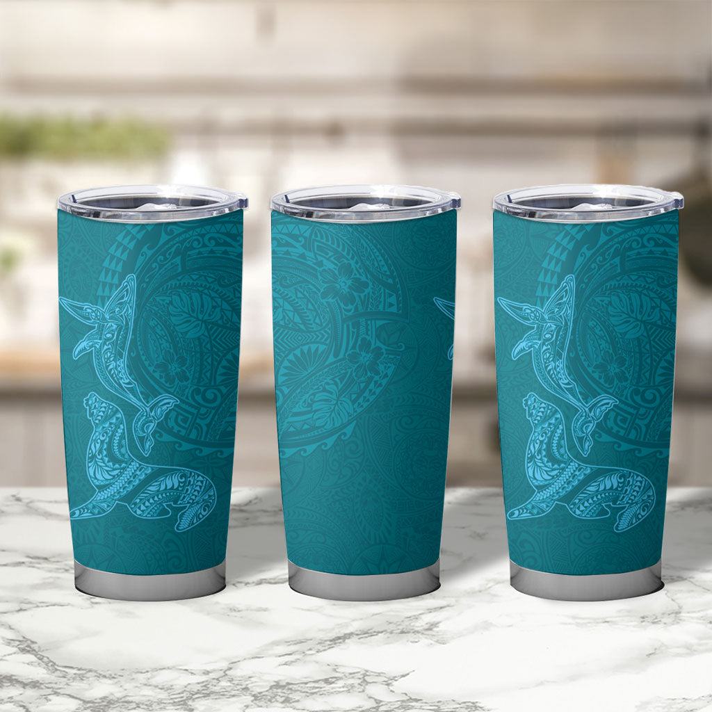 Hawaiian Monk Seal and Whale Tumbler Cup Kakau Tribal Pattern Teal Color
