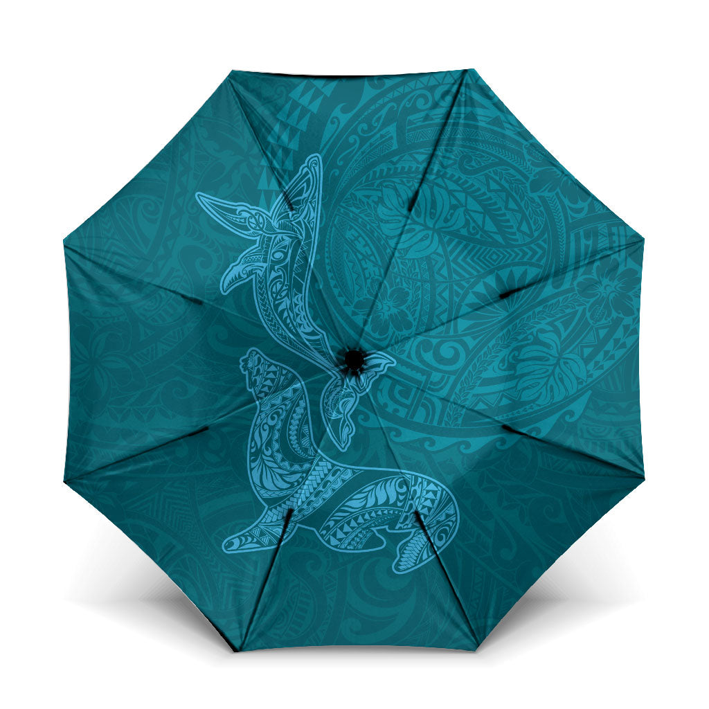Hawaiian Monk Seal and Whale Umbrella Kakau Tribal Pattern Teal Color
