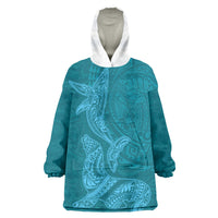 Hawaiian Monk Seal and Whale Wearable Blanket Hoodie Kakau Tribal Pattern Teal Color