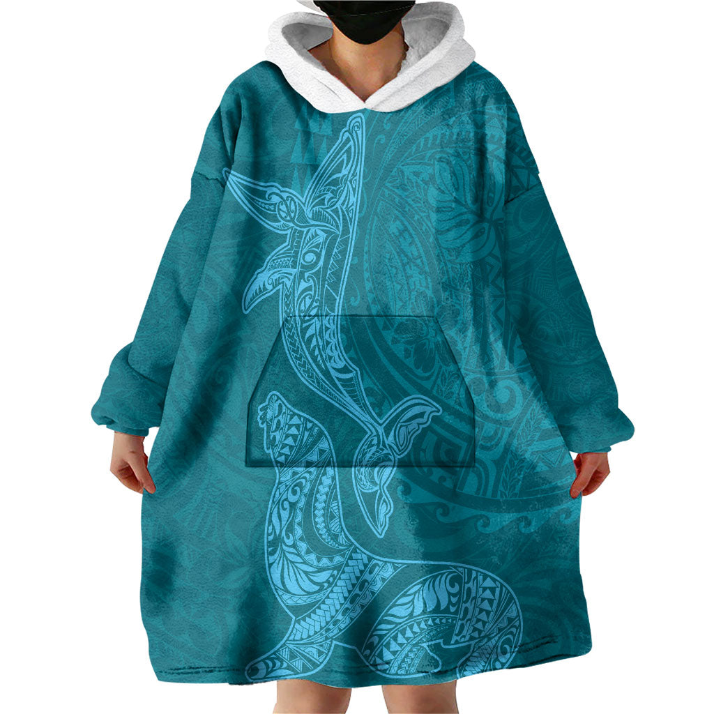 Hawaiian Monk Seal and Whale Wearable Blanket Hoodie Kakau Tribal Pattern Teal Color
