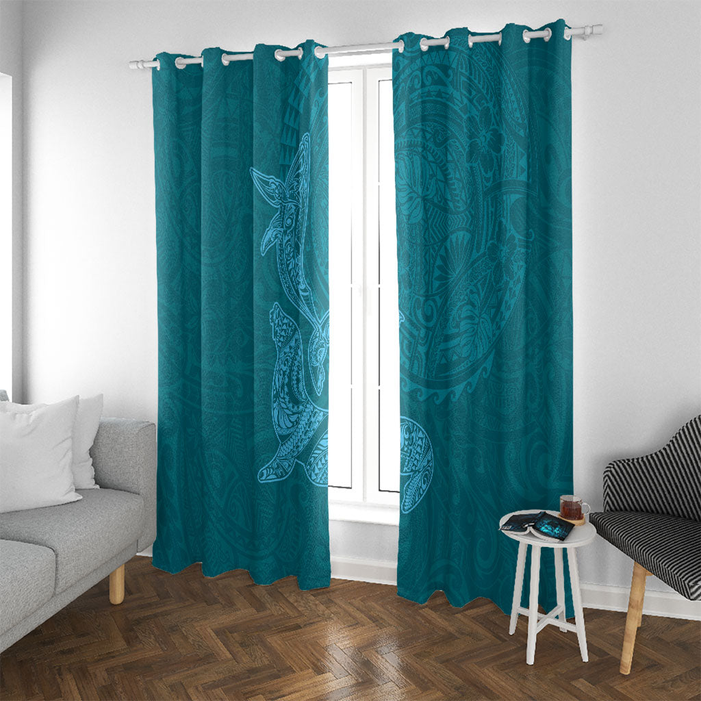 Hawaiian Monk Seal and Whale Window Curtain Kakau Tribal Pattern Teal Color