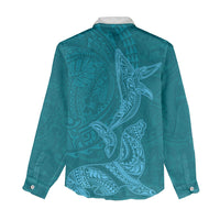 Hawaiian Monk Seal and Whale Women Casual Shirt Kakau Tribal Pattern Teal Color