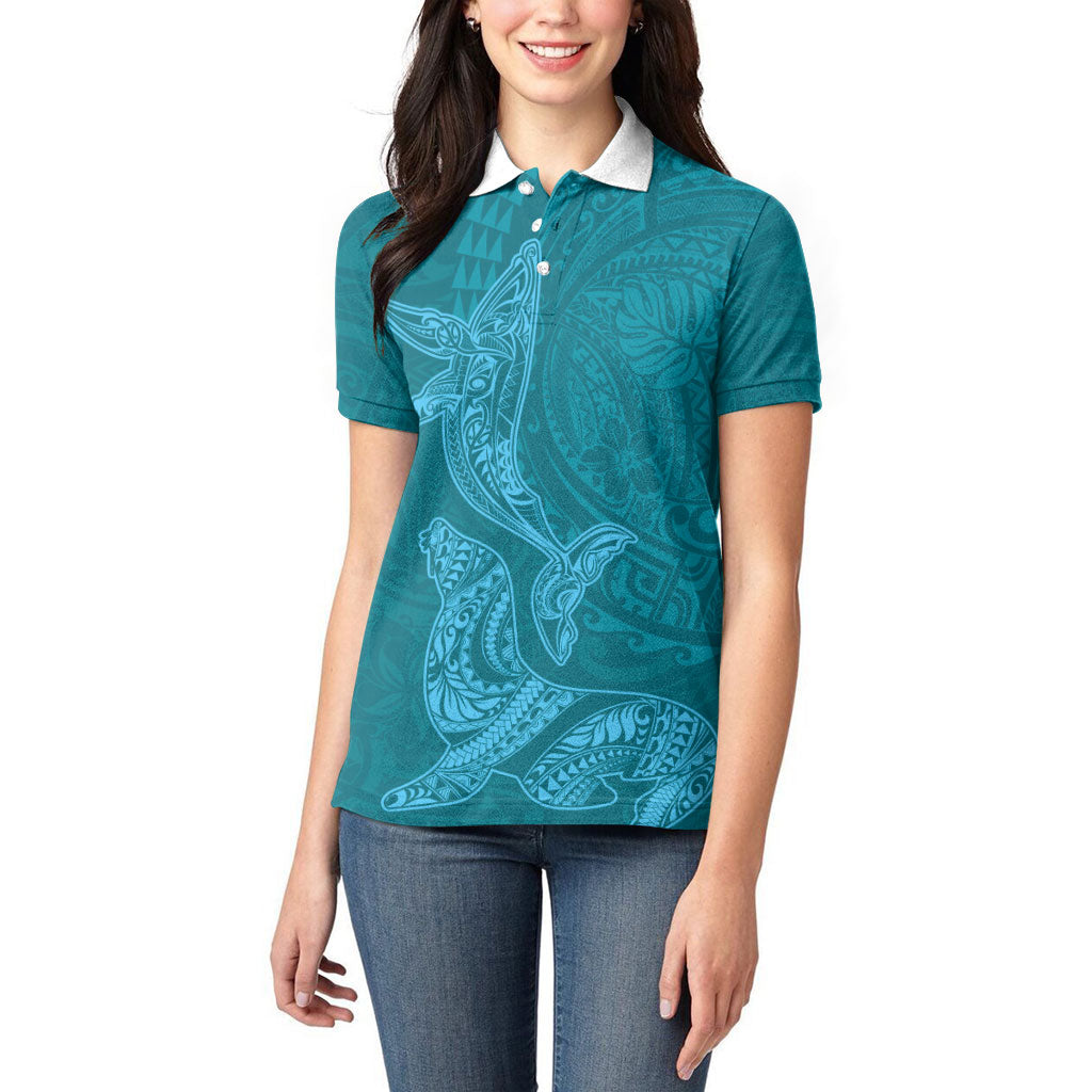 Hawaiian Monk Seal and Whale Women Polo Shirt Kakau Tribal Pattern Teal Color