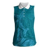 Hawaiian Monk Seal and Whale Women Sleeveless Polo Shirt Kakau Tribal Pattern Teal Color