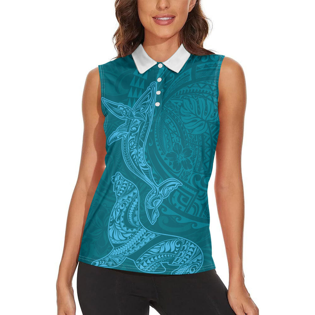 Hawaiian Monk Seal and Whale Women Sleeveless Polo Shirt Kakau Tribal Pattern Teal Color