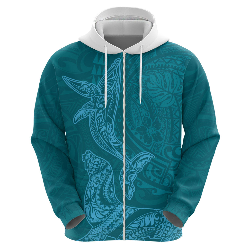 Hawaiian Monk Seal and Whale Zip Hoodie Kakau Tribal Pattern Teal Color