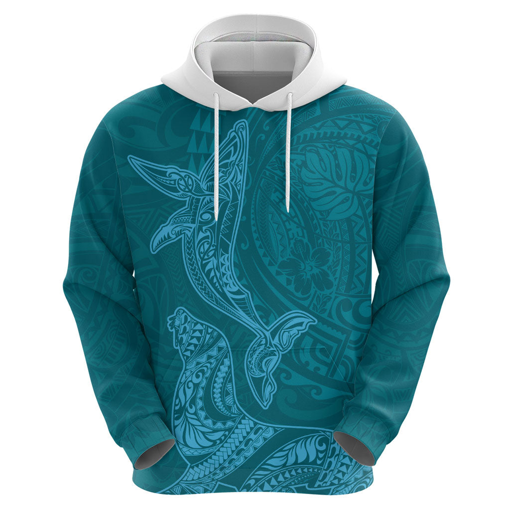 Hawaiian Monk Seal and Whale Zip Hoodie Kakau Tribal Pattern Teal Color