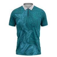 Hawaiian Monk Seal and Whale Zipper Polo Shirt Kakau Tribal Pattern Teal Color