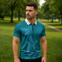 Hawaiian Monk Seal and Whale Zipper Polo Shirt Kakau Tribal Pattern Teal Color